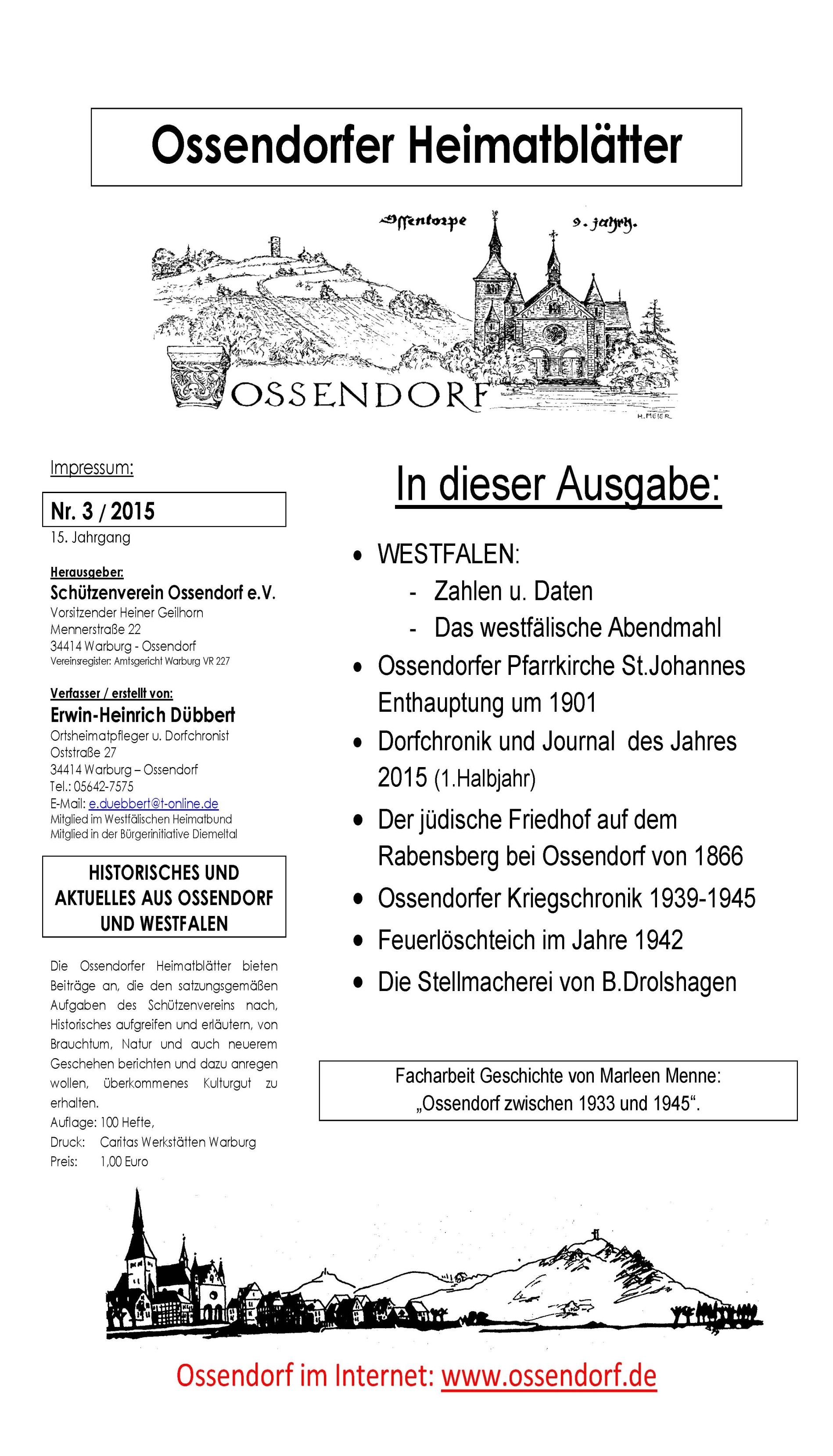Ossendorfer Heimatblätter Titelblatt Nr. 3 - 2015